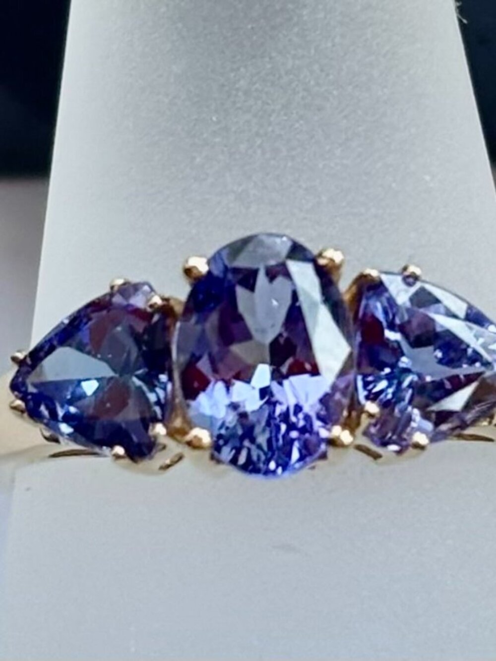 Tanzanite Oval and Trillion cut 14k yellow gold 3 stones Ring
